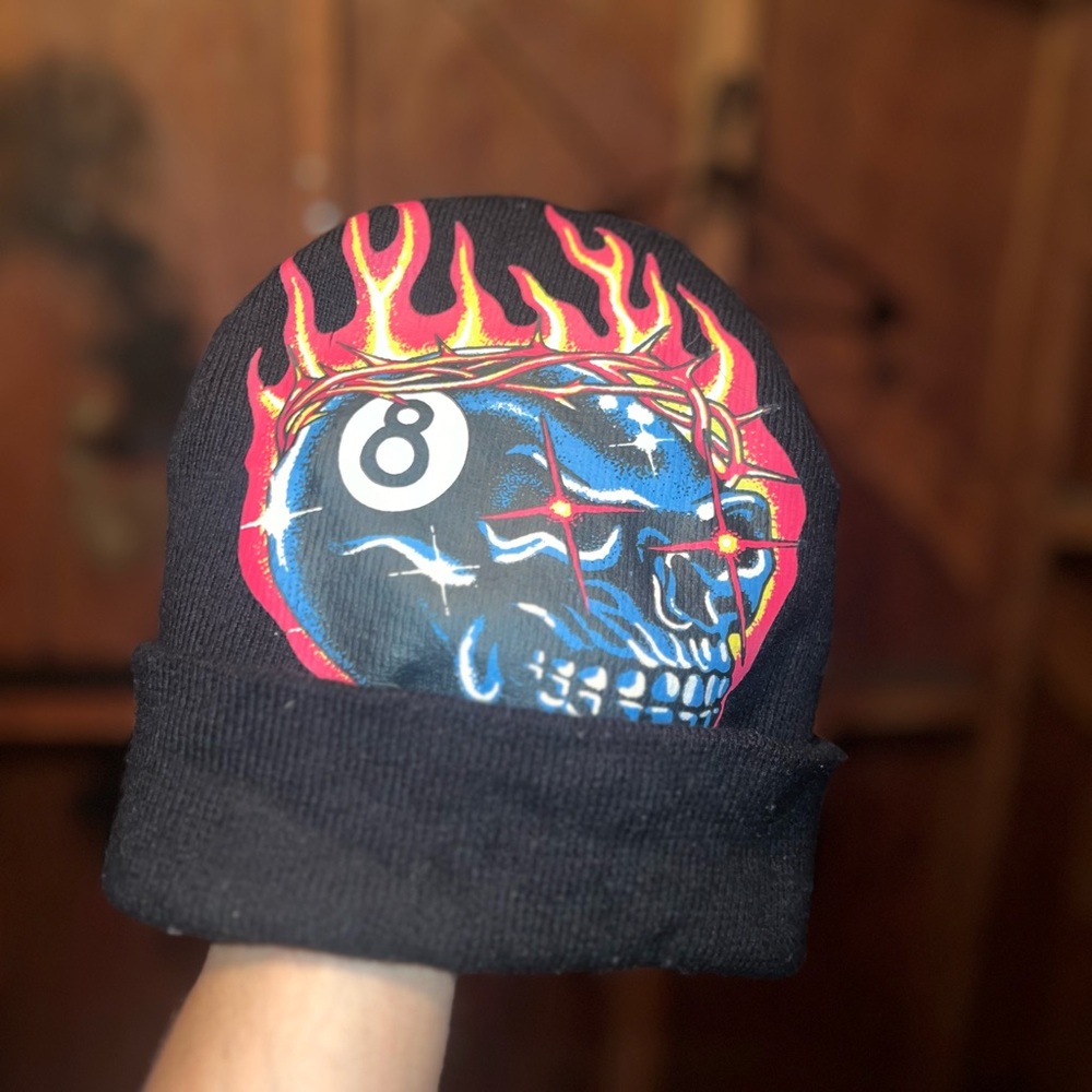 Zumiez Beanie Skull Flame 8 Ball Design Black